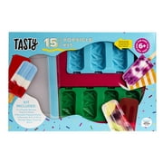 Tasty Kits Popsicle Gadget Set, Includes 2 4-Cavity Silicone Popsicle Molds, 8 Reusable Popsicle Sticks, 4 Reusable Storage Bags, Cleaning Brush, Multi-color, 15 Piece