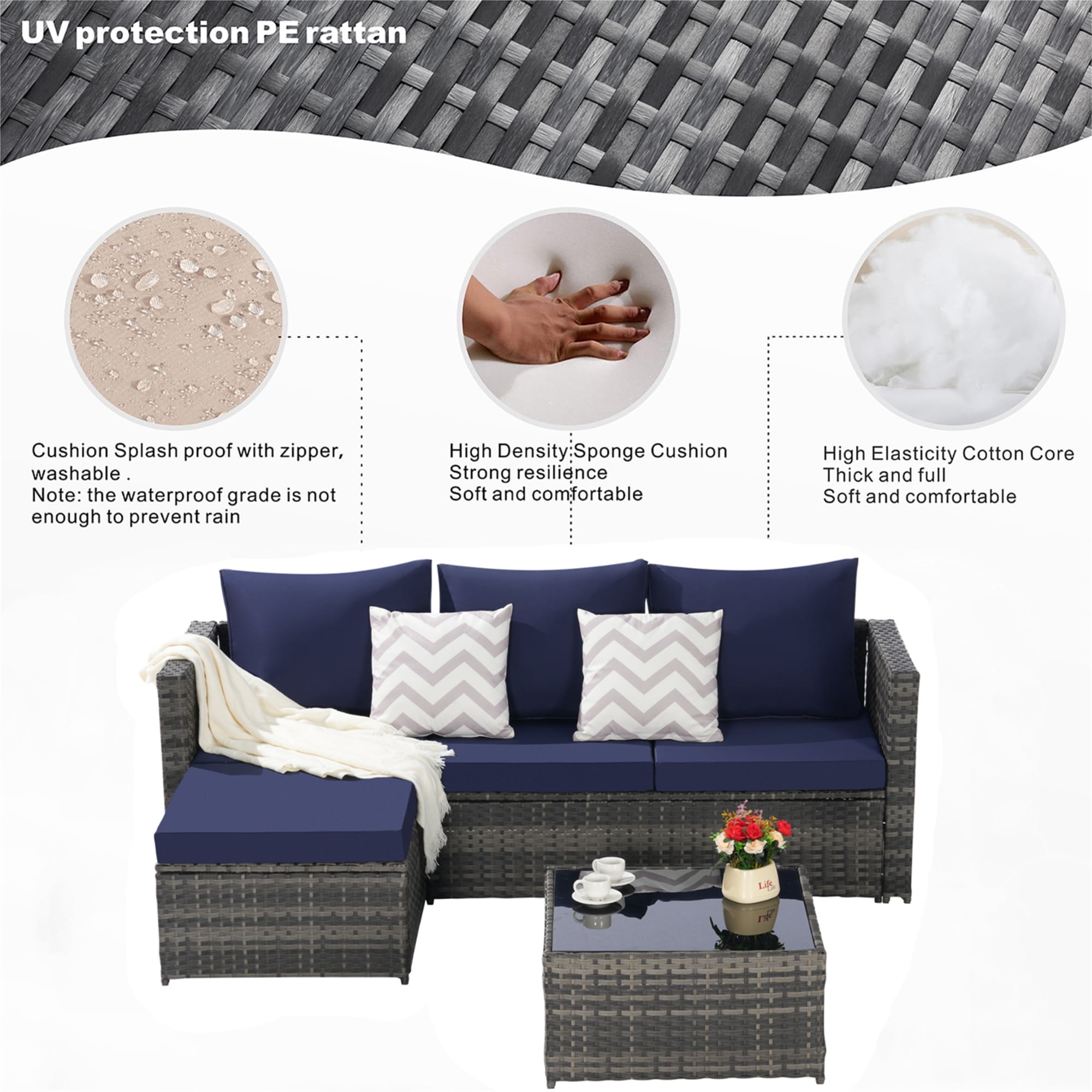 Aukfa Outdoor Patio Furniture Set - L shape Wicker Sectional Sofa with Coffee Table - Navy Blue Cushions