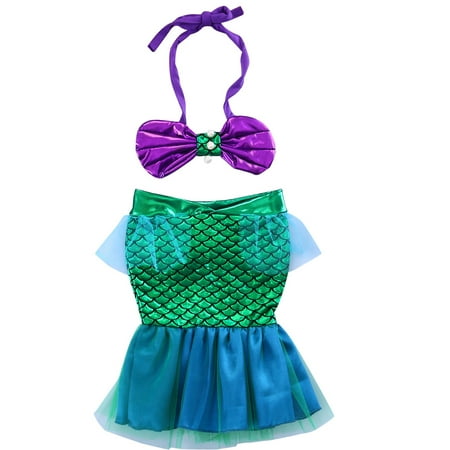 

Baby Girls Two-piece Mermaid Summer Swimsuit Hanging Neck Shell Pearl Halter Bikini Tops + Tulle Patchwork Mermaid Tail