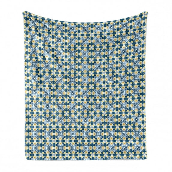 Azulejo Soft Flannel Fleece Throw Blanket, Portuguese Ceramic Like Tiles Motif with Ottoman Ethnic Pattern, Cozy Plush for Indoor and Outdoor Use, 70" x 90", Pale Orange and Petrol Blue, by Ambesonne