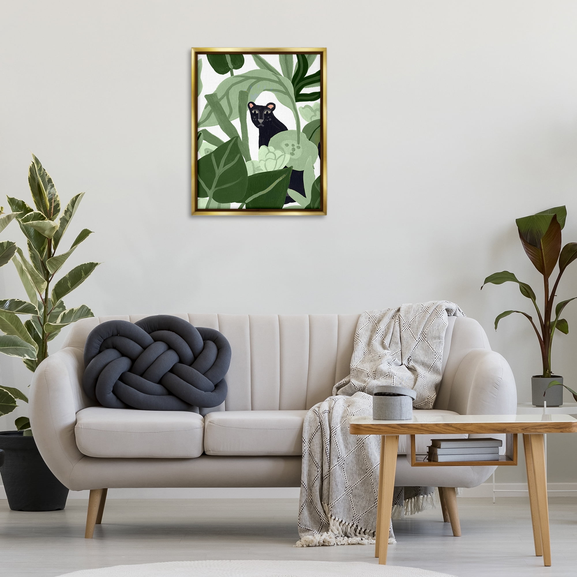 Stupell Industries Panther Peeking from Leaves Plants & Flowers Painting Gold Floater Framed Canvas Art Print Wall Art, 25 x 31