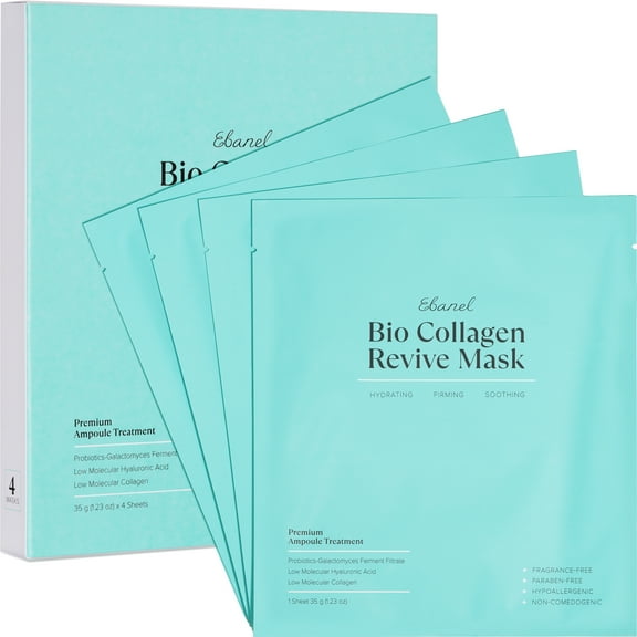 Ebanel Bio Collagen Face Mask, 4-Pack Hydrating Face Masks with 7 Peptides, Hyaluronic Acid, Niacinamide, Centella, Rose Water, Ceramide, B5, and Green Tea, Overnight Korean Sheet Masks Skin Care