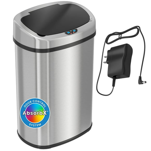 Sensorcan Poubelle de Cuisine Automatique Sans Contact de 13 Gallons avec Adaptateur Secteur et Kit de Filtre à Odeurs, Acier Inoxydable, Forme Ovale, Fonctionnement Sans Batterie avec Adaptateur Secteur Inclus