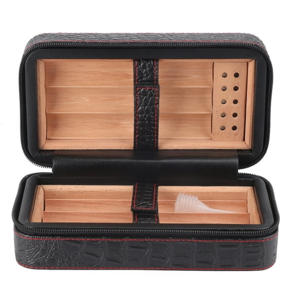 Leather Cedar Wood Lined Travel Cigar Case Humidor with Removable Trays (Black)
