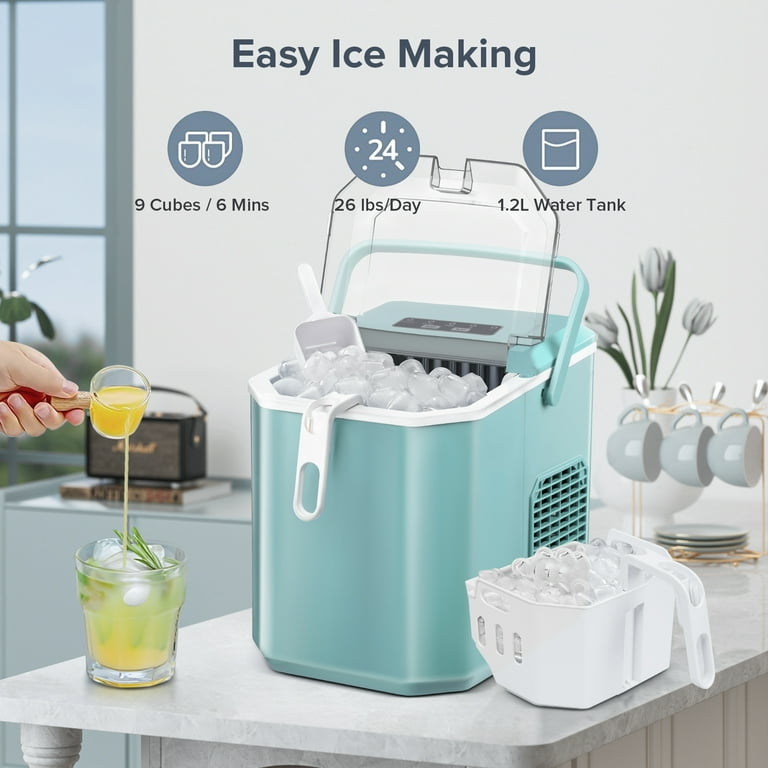 KISSAIR Countertop Ice Maker, Self-Cleaning Portable Ice Maker Machine with  Handle and Ice Scoop, 9Pcs/8Min 26Lbs/bullet-shaped ice cubes, White 
