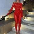 thumbnail image 2 of Tao Tao Women Fashion mesh rhinestone jumpsuit long sleeve see-through jumpsuit high stretch Body stockings club outfit Red Free Size, 2 of 3