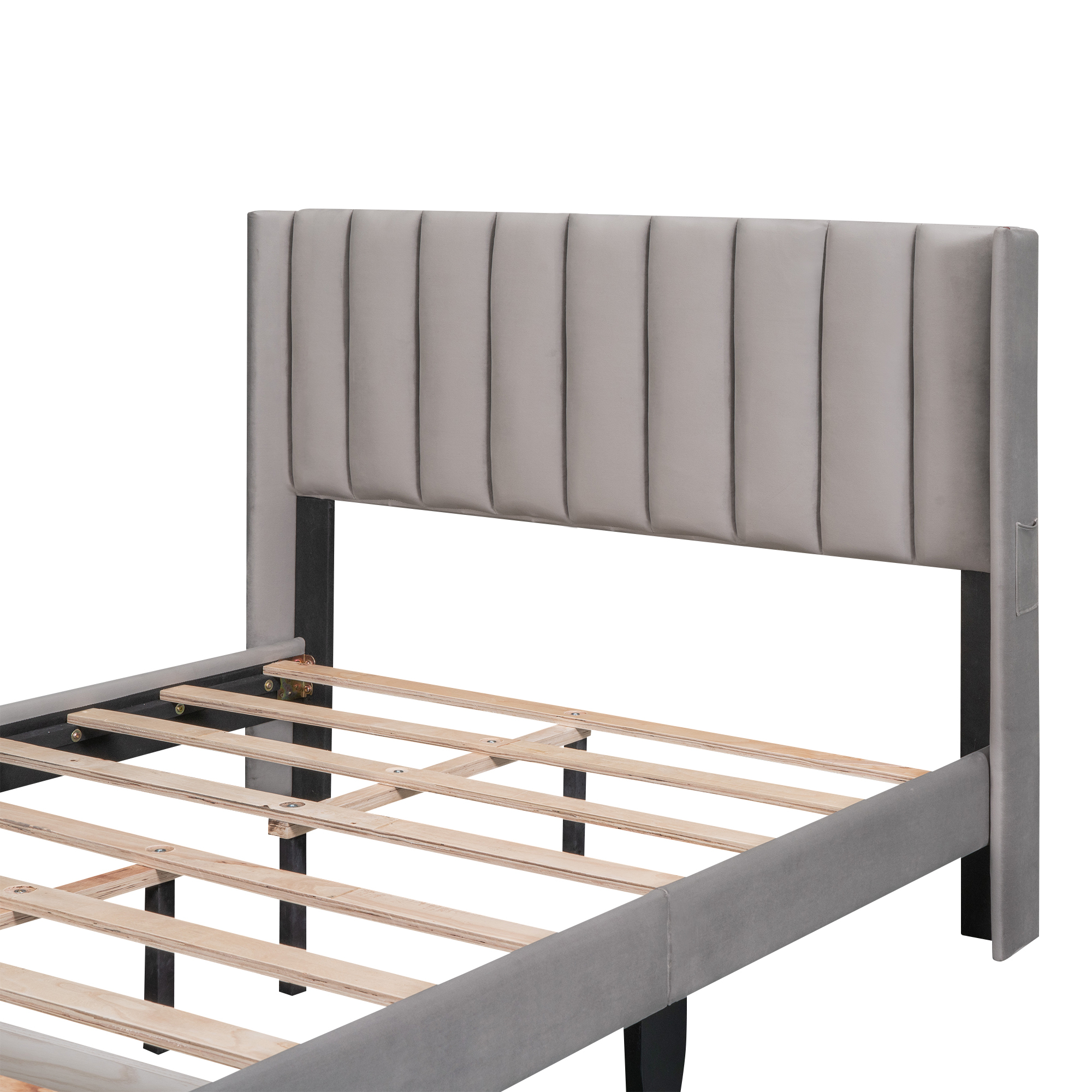 Leumius Full Size Platform Bed with A Storage Drawer,Velvet Upholstered Bed Frame with Wingback Vertical Channel Tufted Headboard,Gray