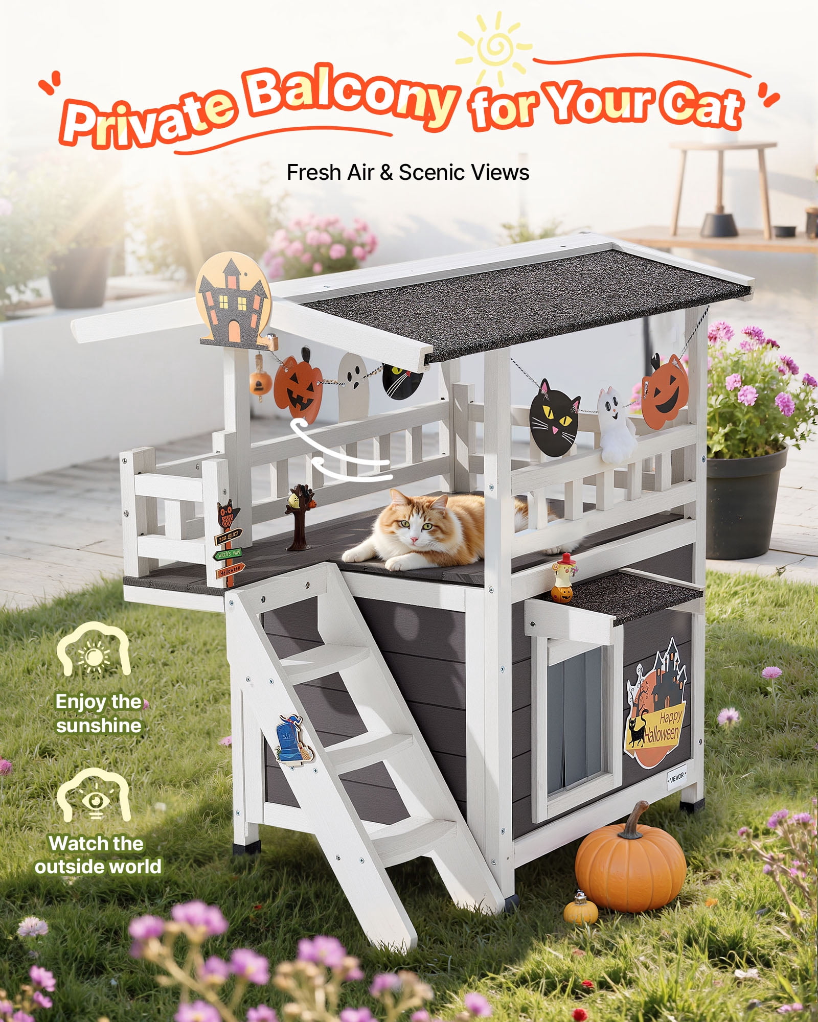 VEVOR Outdoor Cat House, 2-Story Wooden Cat Shelter with Stairs & Balcony, Elevated Feral Kitty Shelter, Spacious Room, Waterproof Cats Condos for Indoor & Outdoor Cats in Winter 30 x 22 x 30 in