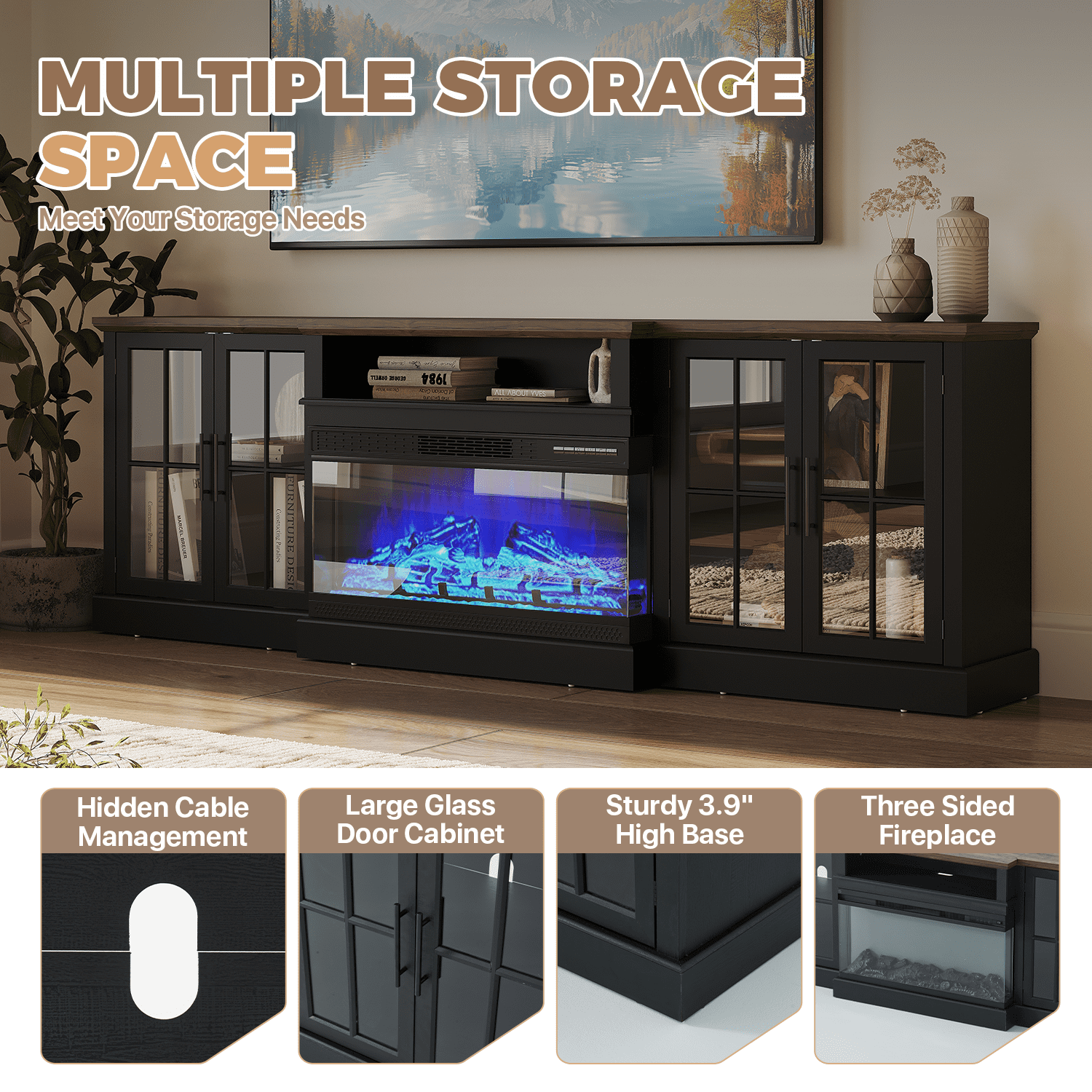 BaPiPro 98" Farmhouse TV Stand with Fireplace for TVs up to 100", Black Fireplace TV Stand Media Entertainment Center with Large Storage Cabinets for Living Room, Black