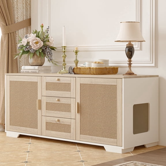 Faceket Extra Large Multi-Cat Wooden Litter Box Furniture with Scratching Board Doors and 3 Drawer, White
