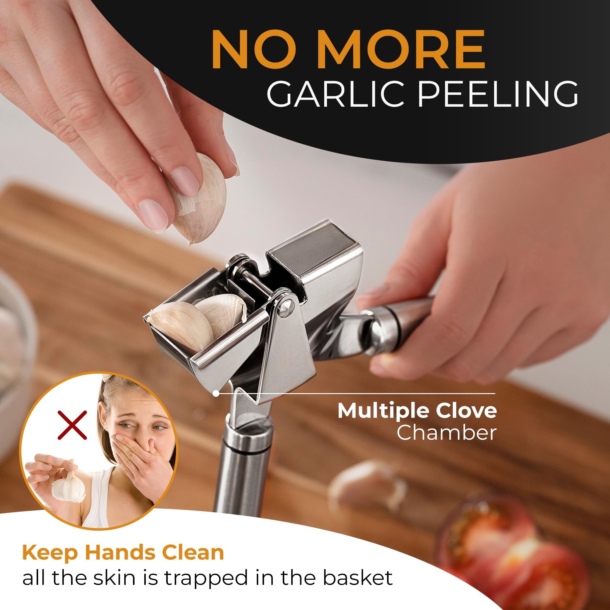 Garlic Press Stainless Steel Professional Heavy Duty Minr Crusher, Ergonomic Handle for Unpeeled Garlic Ginger Root, Easy Clean , Silver