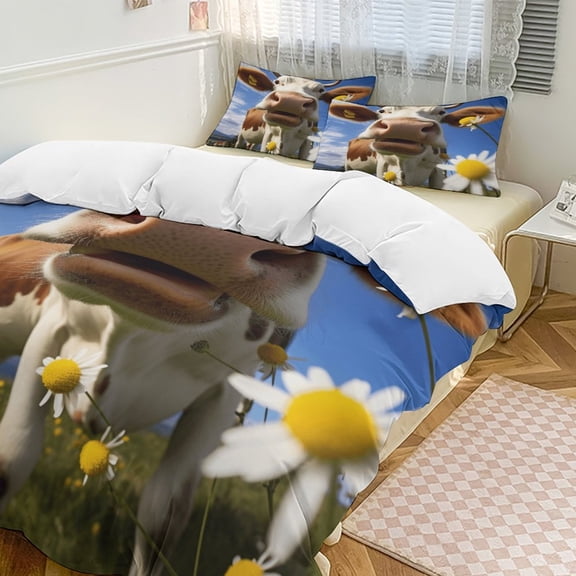 Farmhouse Highland Cow Funny Cattle And Flower 3 Pieces Duvet Cover with Zipper Closure,Premium Polyester Lightweight Bedding Set