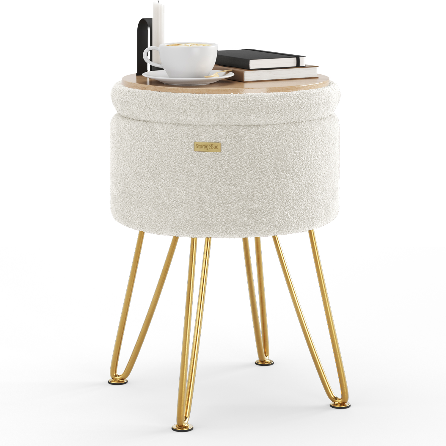 LammaLoe Small Round Ottoman with Storage, Boucle Ottoman Foot Stool with Lid, Upholstered Vanity Stool for Living Room & Bedroom, White
