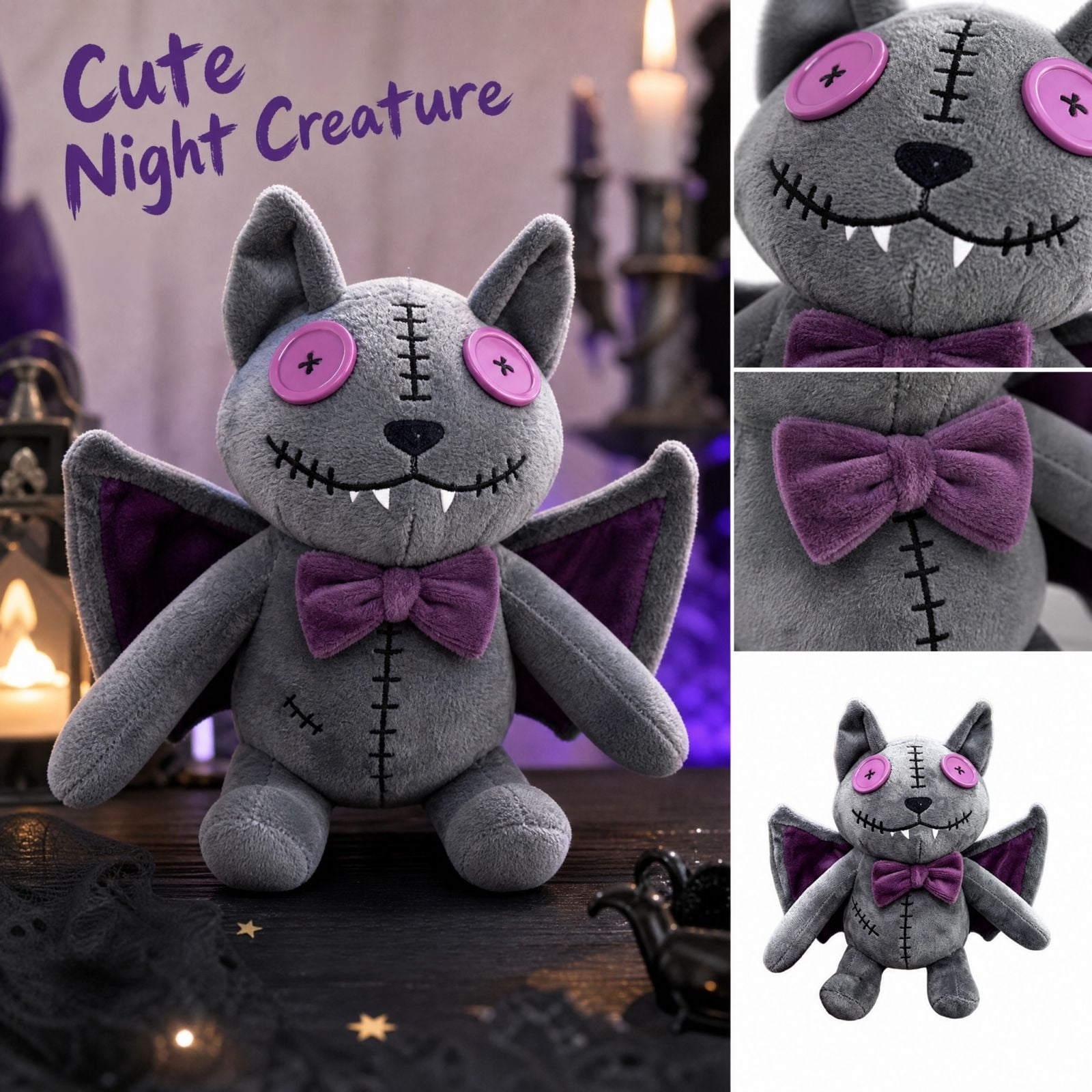 Gothic Bat Stuffed Animal with Pink Eyes and Purple Bowtie Gray Plush for Halloween Room Decor Cute Plush Toy
