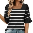 thumbnail image 2 of SYMOID Womens Regular Size Casual Fashion Striped Printed Short Sleeve Square Neck Pull-On Flared Sleeve Blouse,Black,Size M, 2 of 6