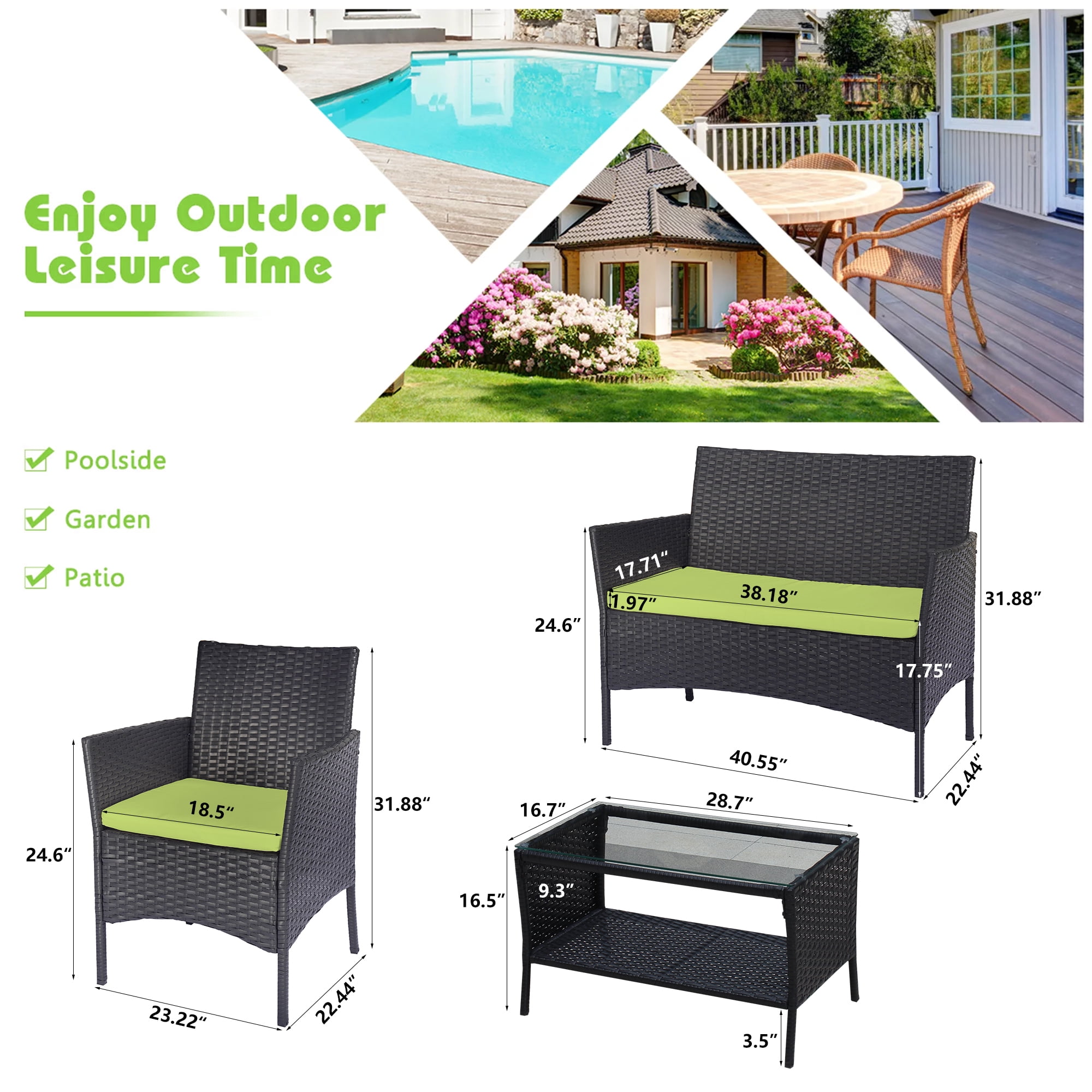 4 Pieces Outdoor Wicker Conversation Set, All-Weather Rattan Patio Furniture Sets with Arm Chairs, Tempered Glass Tabletop and Cushions, Sectional Sofa Set for Backyard, Garden, Poolside