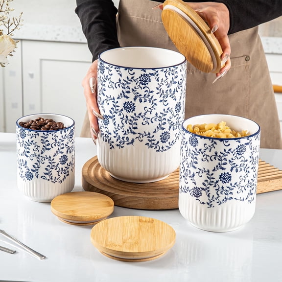 Canisters Sets for Kitchen - Ceramic Kitchen Containers for Countertop with Airtight Wood Lids - Flour and Sugar Containers for Coffee Tea Spice Beans Cookie Jars - Blue Set of 3