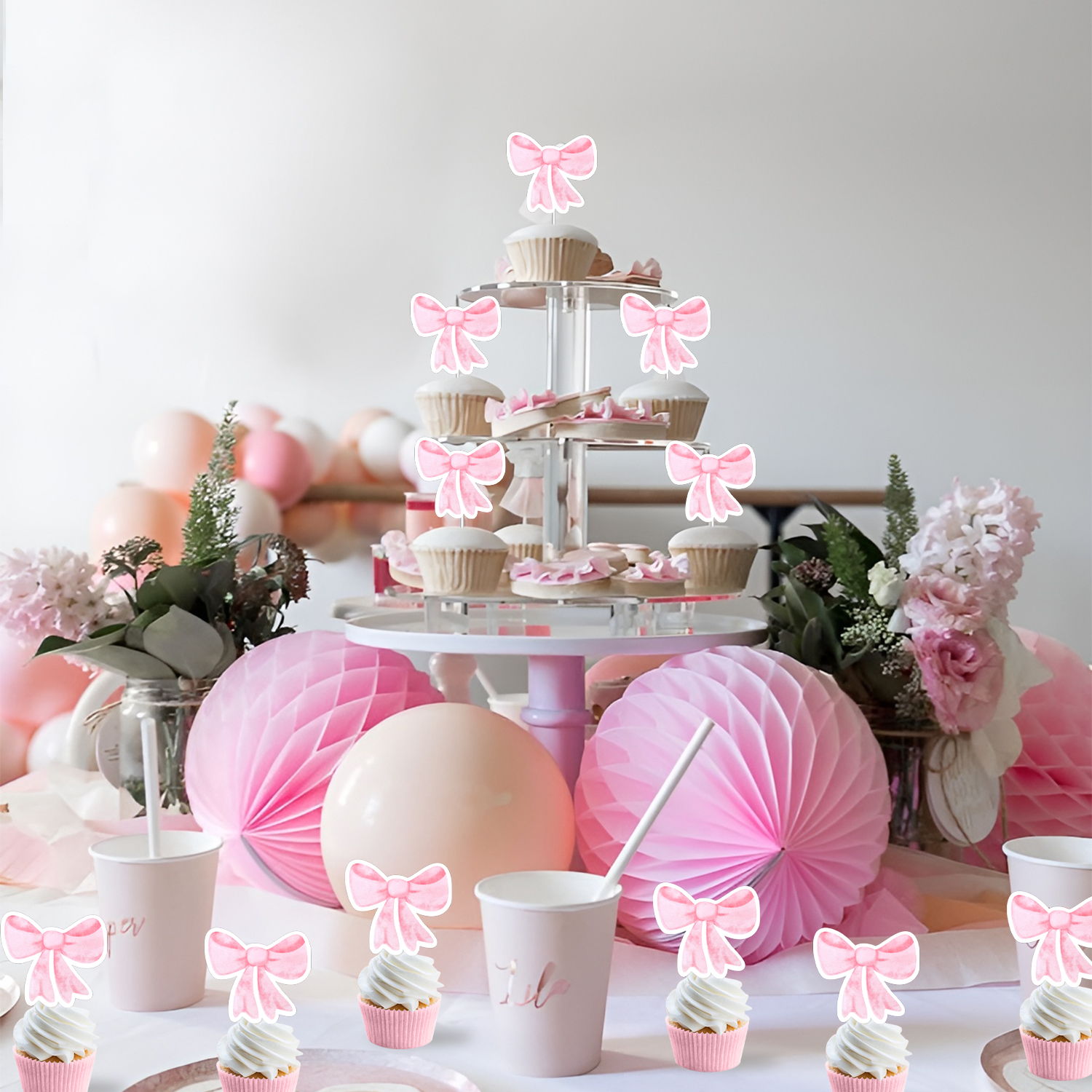Pink Glitter Bow Happy Birthday Cake Topper - Coquette Princess Theme Party Decorations - View #3