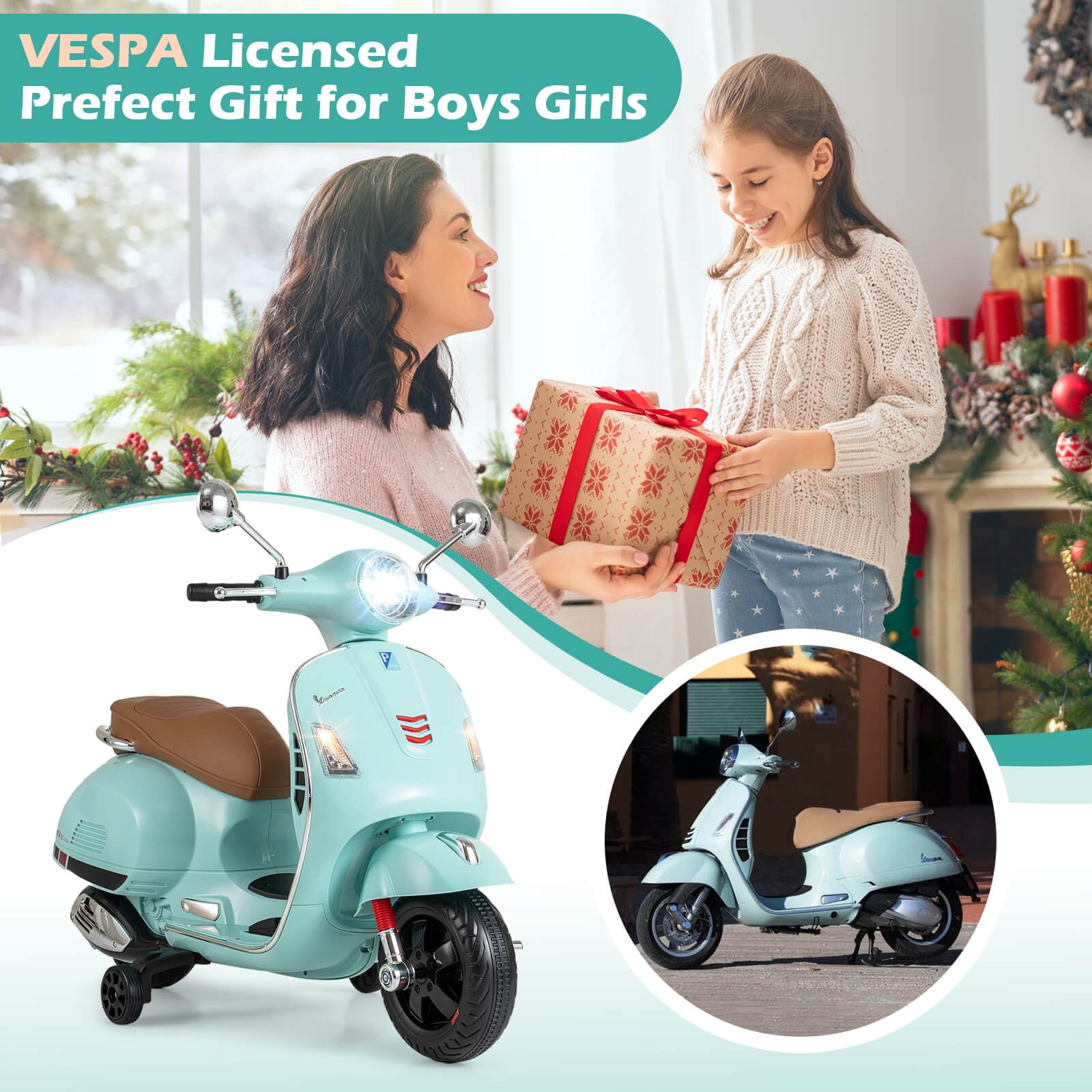 Costway Licensed VESPA 12V Kids Electric Motorcycle with Music Horn Story Training Wheels Green