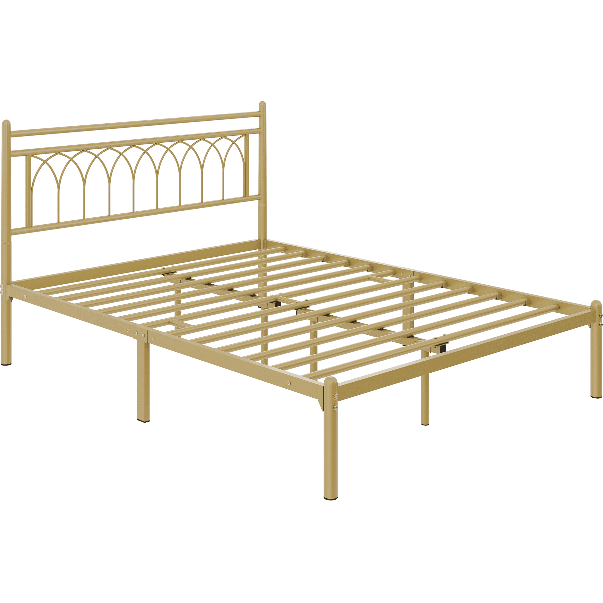 Renwick Jasmine Modern Metal Bed Frame with Petal Accented Headboard, Queen, Antique Gold
