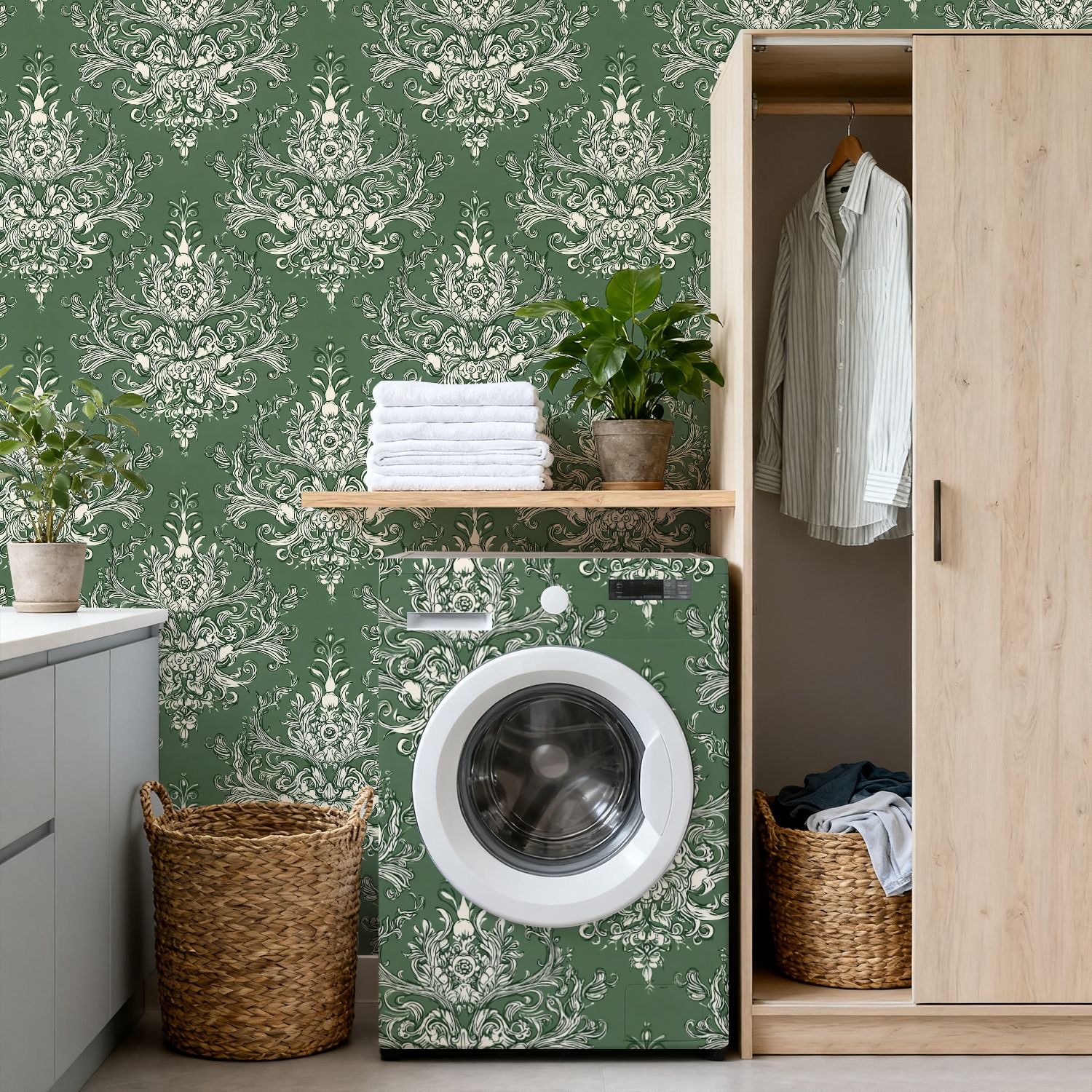 Vintage Peel and Stick Wallpaper 17.7in x 9.8ft Elegant White Floral Damask Green Contact Paper Vinyl Waterproof Self Adhesive Wall Paper for Bedroom Shelf Cabinet Renter Friendly