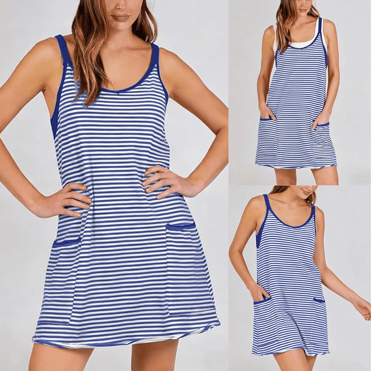Women's Summer Striped Athletic Tennis Mini Dress Sleeveless Built-in Shorts Workout Vacation Sundress