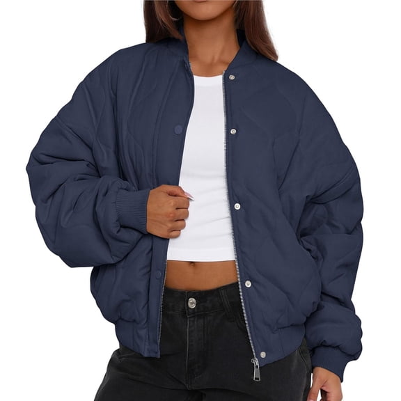 Women's Quilted Cropped Puffer Bombers Jacket with Zip Up Pockets Fall Winter Fashion Navy Blue S