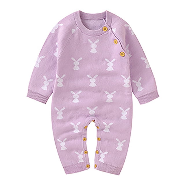 HNMKIU Combinaison Tricotée en Tricot à Manches Longues Printemps Automne Décontractée Confortable Douce Lapin Adorable Mignonne à la Mode Col Ras du Cou à Boutons-Pression Vêtements pour Garçon Fille Violet, 3-6 Mois