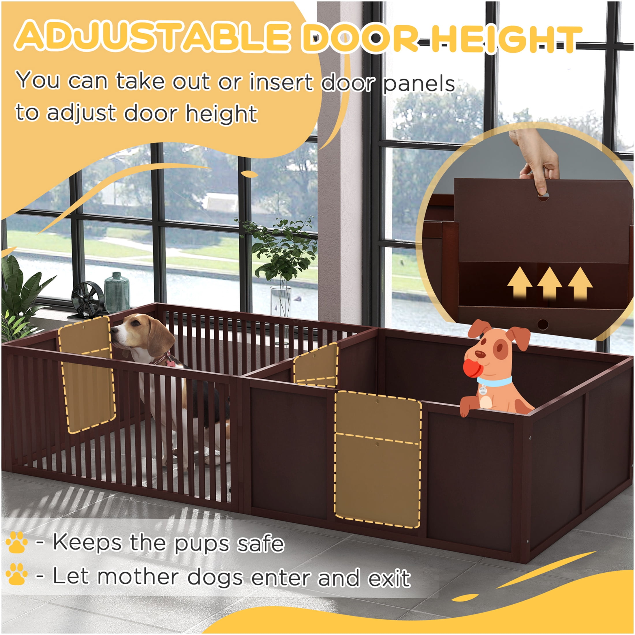 JERFIT 81" Large Dog Whelping Box with Removable Doors, 2-Room Design Puppy Playpen for Newborns, Indoor MDF Whelping Pen with Non-Slip Pads, Coffee Brown