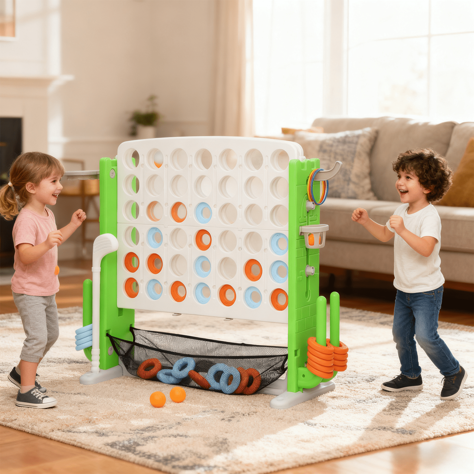 Jumbo 4-to-Score Connect Game Set: Height-Adjustable Yard Game with Golf, Basketball Hoop, Ring Toss & Mesh Bag for Kids & Adults, White Green