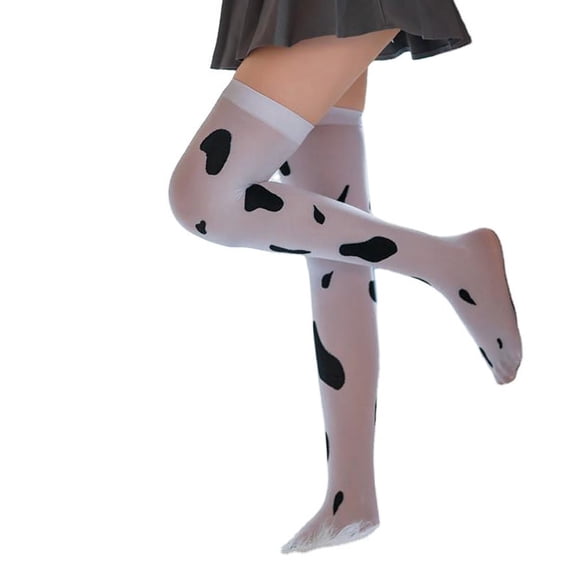 MANNYA Women Sexy Cow Spotted Print Thigh High Stockings Kawaii Lolita Silky Over the Knee Long Socks Hosiery Cosplay Costume