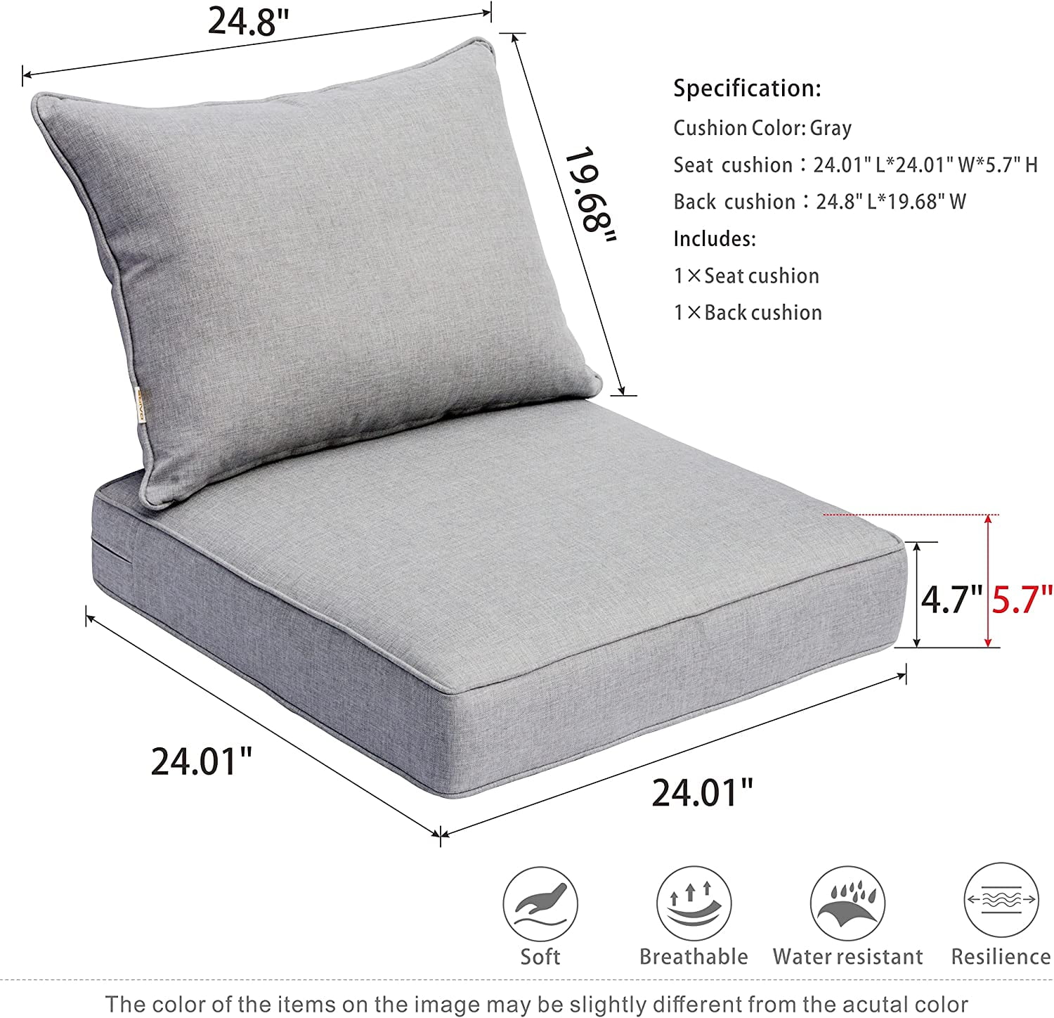 Ovios Back and Seat Cushion Set for Outdoor Furniture, 2-Piece Replacement Cushions for Deep Seating Patio Chair, Outside Pads for Porch, Deck and Garden Seats