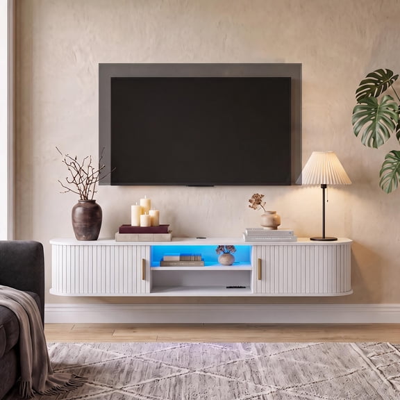 70" Floating TV Stand for TVs up to 80" – Mid-Century Modern Fluted Entertainment Center with Wall-Mounted Shelves, Black
