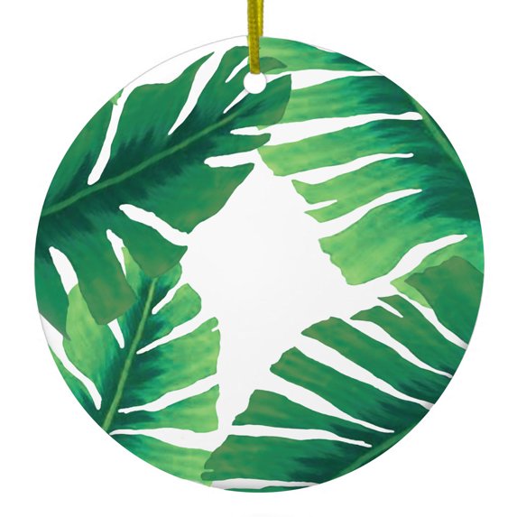 DistinctInk Hanging Ceramic Christmass Tree Ornament with Gold String - Great Gift / Present - 2 3/4 inch diameter - Tropical Banana Leaves