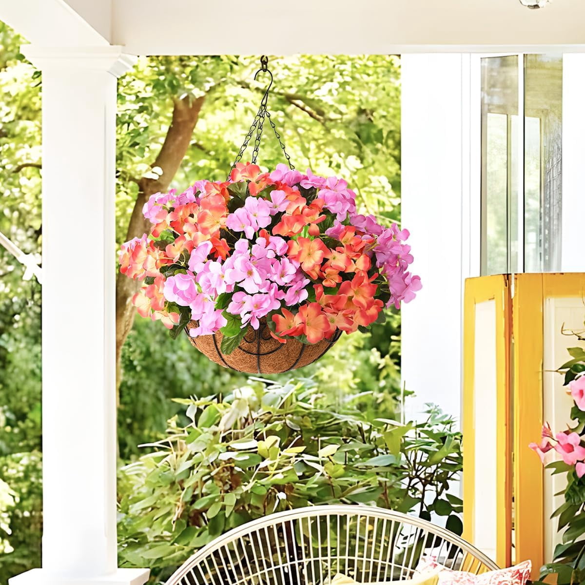 Artificial Flowers Hanging Basket for Outdoor Indoor Decor,Faux Silk Flower Arrangement,10 Branches Geranium with 12 Inch Coconut Lining Chain for Patio Decoration(Purple Orange)