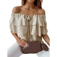 thumbnail image 4 of Sedceaty Women Fashion Wild Shirts Solid Color Boat-Neck Off-Shoulder Half Sleeve Chiffon Blouses Summer Casual Ruffles Tie-Up Tops, 4 of 6