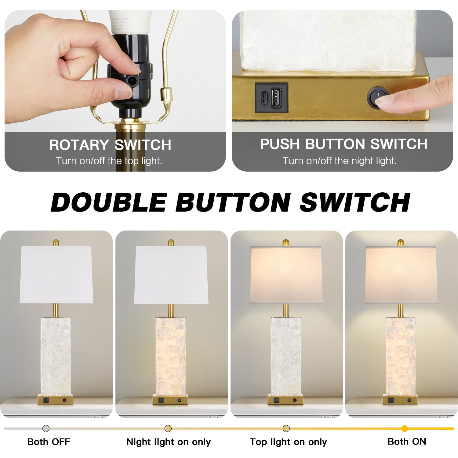 Cinkeda 28" Coastal Table Lamps Set of 2, Seashell Bedside Lamps with Dual Lighting & USB A+C Ports, Modern Beach House Nightstand Lights in Gold
