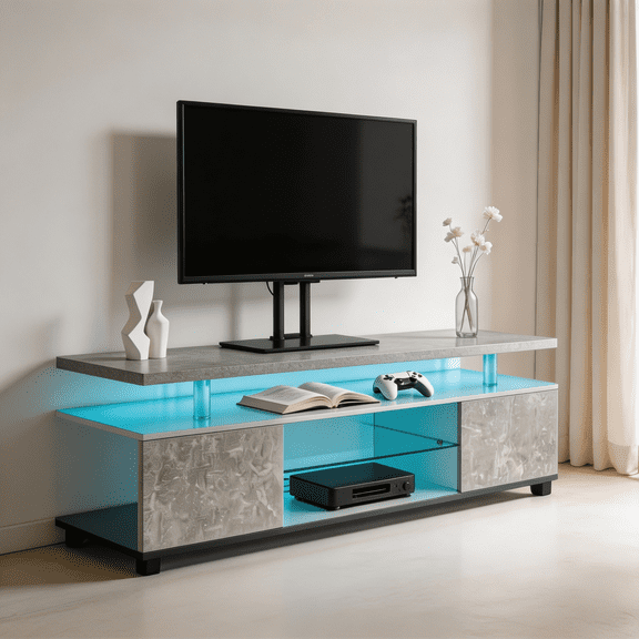 SAYGOGO 55 Inch TV Stand with LED Lights & Large Cabinet, Media Console, Grey Black for Living Room, Bedroom