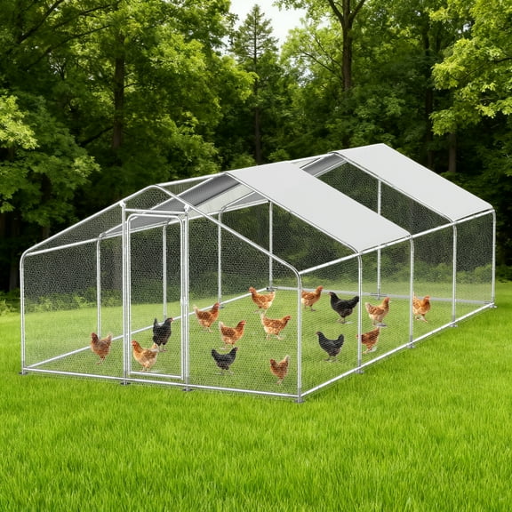 Large Metal Chicken Coop Outdoor Chicken Run Heavy Duty Walk-in Poultry Cage W/ Water & UV Proof Cover For Duck, Rabbits10'×20'×6.5'