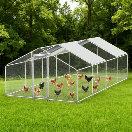 Large Metal Chicken Coop Outdoor Chicken Run Heavy Duty Walk-in Poultry Cage W/ Water & UV Proof Cover For Duck Rabbits10 &times;20 &times;6.5