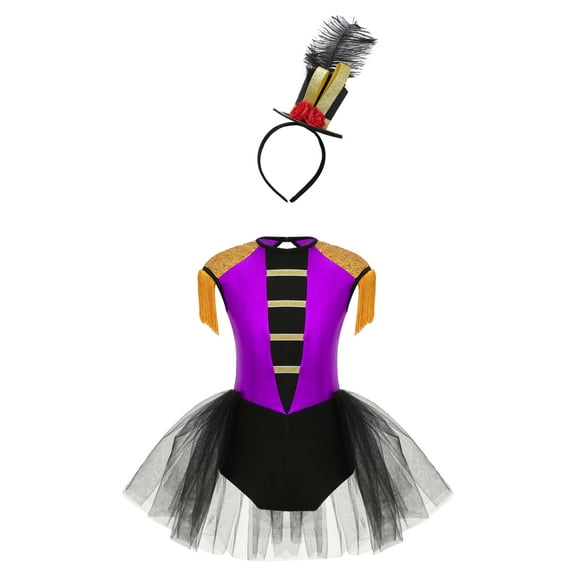 Zaldita Kids Girls Ringmaster Circus Halloween Costume Tassels Dance Leotard Dress with Steampunk Hat Purple 12