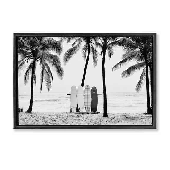 Stupell Industries Centered Surf Boards View Nautical & Beach Photography Black Floater Framed Canvas Art Print Wall Art, 25 x 17