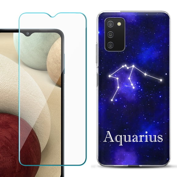Slim-Fit TPU Fashion Phone Case for Samsung Galaxy A03s, with Tempered Glass Screen Protector, by OneToughShield ® - Zodiac / Aquarius