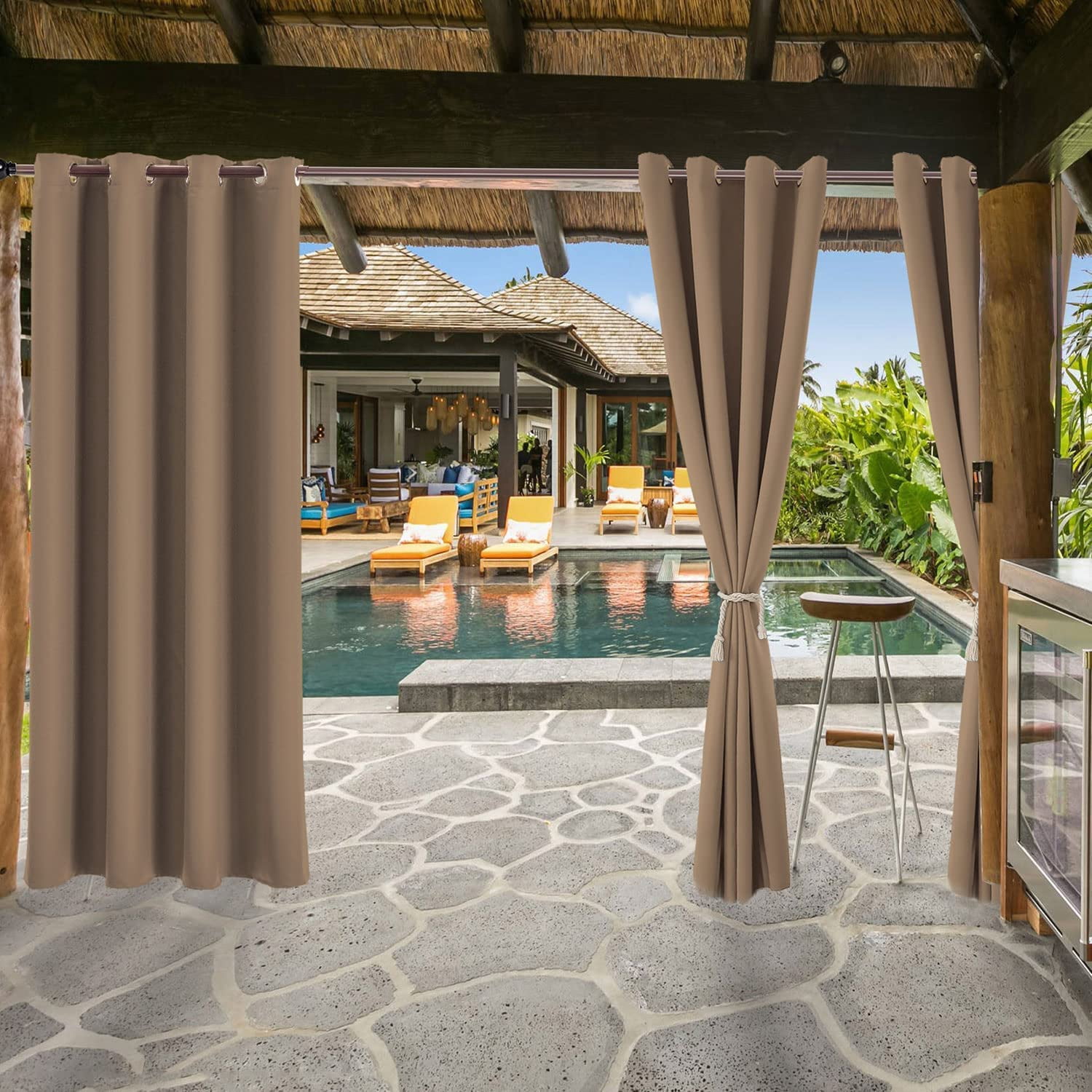 (4 Panel) Gazebo Patio Outdoor Curtains -Waterproof Garden Blackout Thermal Insulated Sun Shades Grommet Privacy Curtain for Pergola Porch, Brown, W52 x L108 in