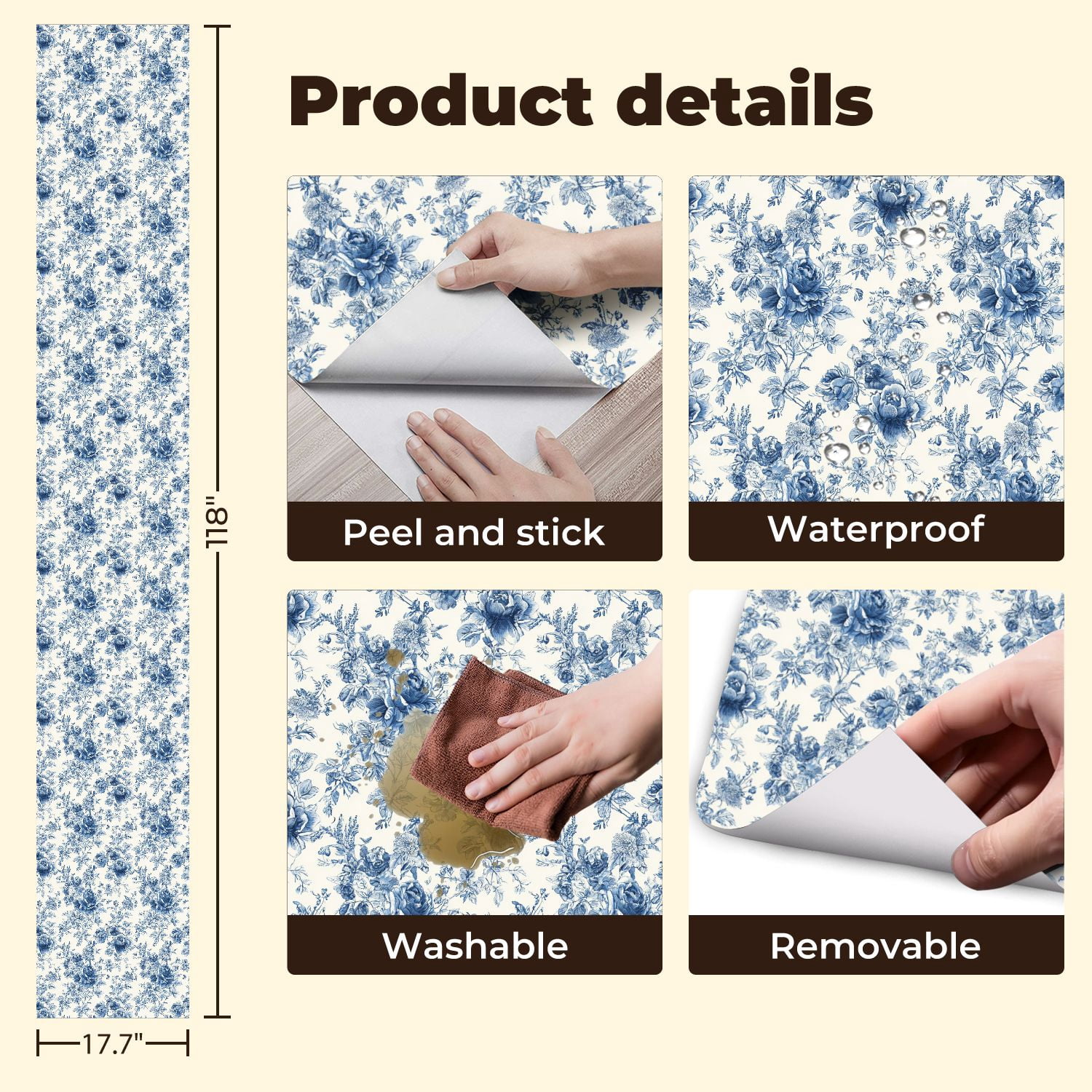 Peel and Stick Wallpaper 17.7in x 9.8ft Blue White Vintage Floral Elegant Botanical Contact Paper Vinyl Waterproof Self Adhesive Wall Paper for Bedroom Shelf Cabinet Renter Friendly