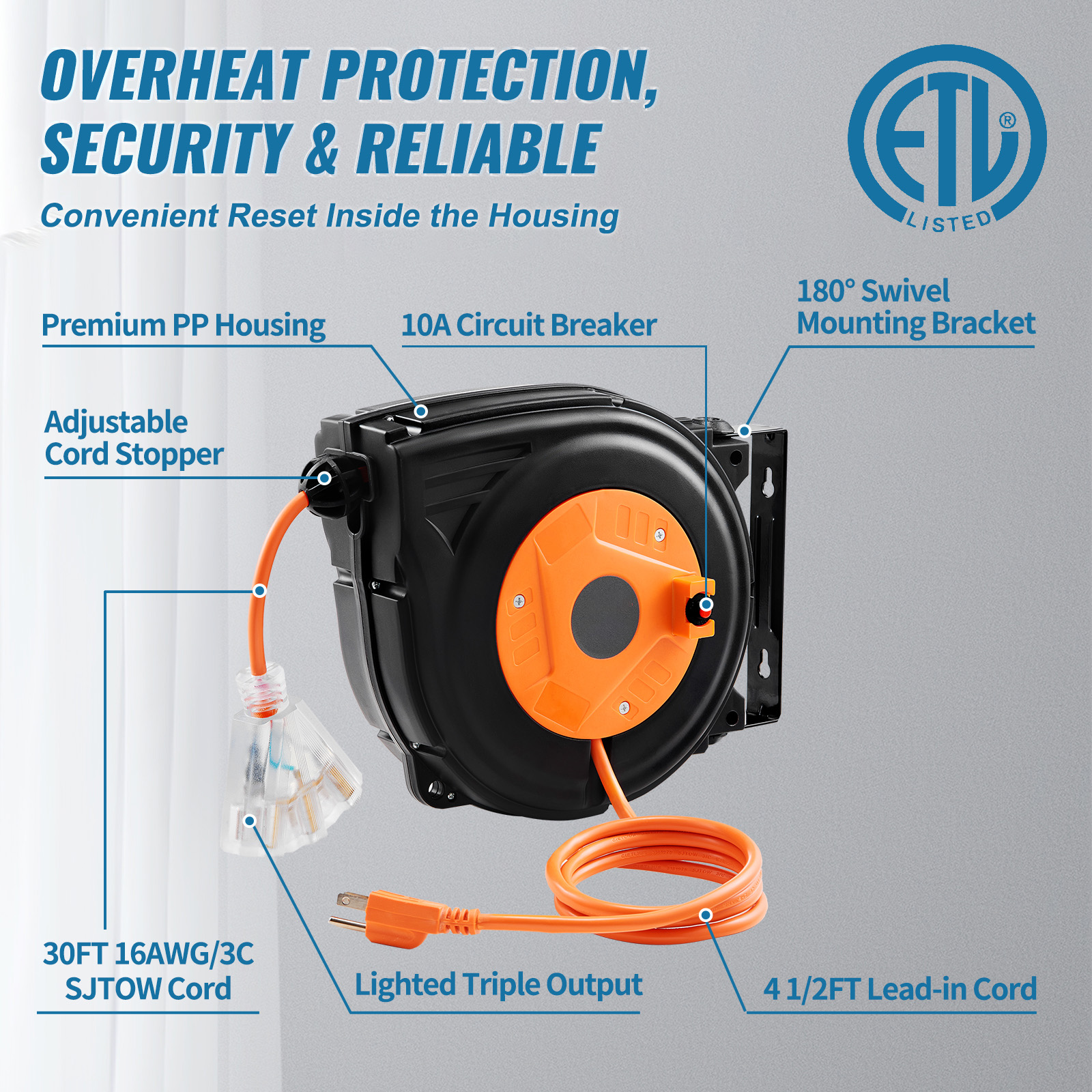 SKYSHALO 30ft Retractable Extension Cord Reel, 16AWG photo 5