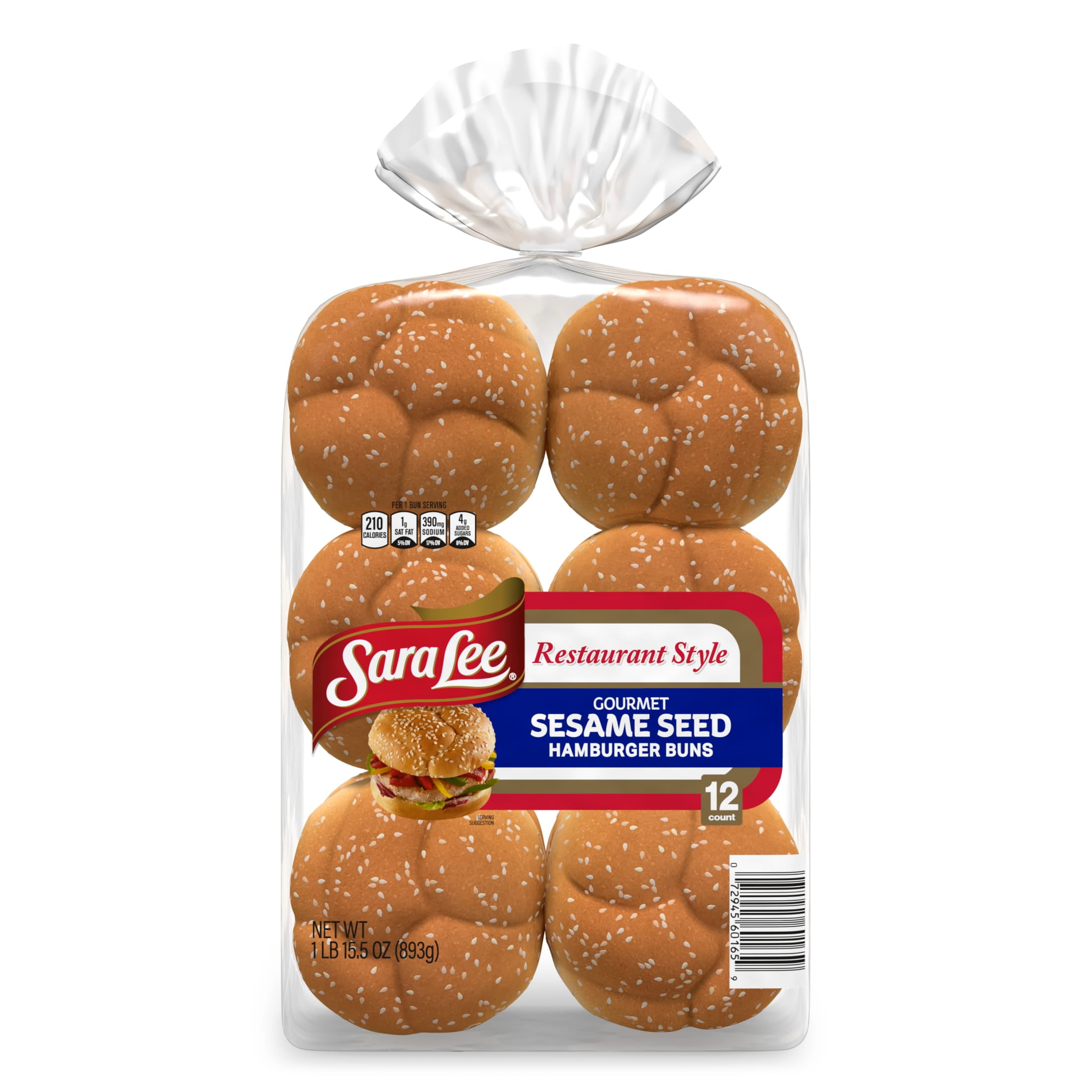 Sara Lee Restaurant Style Gourmet Sesame Seed Hamburger Buns, 12 count, White Hamburger Buns, 31.5 oz Bag