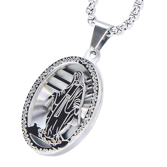 High Polished Stainless Steel Oval Virgin Mary Guadalupe Pendant 24" Box Chain SCP 169 S