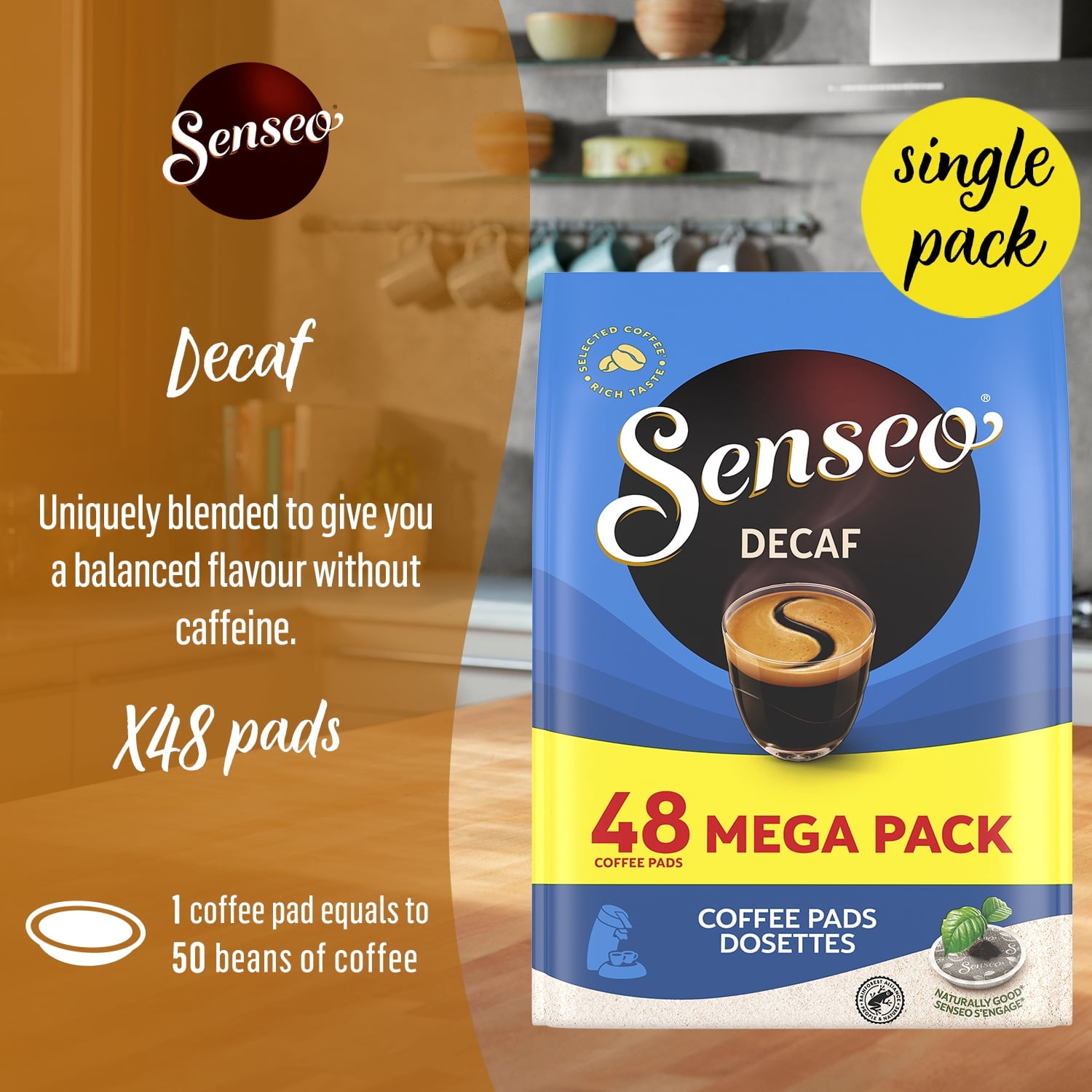 Senseo Medium Roast Decaf Coffee Pods, Smooth Flavor Single Serve Coffee Pads, 48 Count