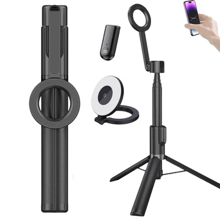 Horizum 57" Magnetic Phone Tripod with Light & Remote, 360° Rotating Selfie Stick Stand for iPhone, Travel Vlogging, Video Recording, Content Creation, Portable Tripod